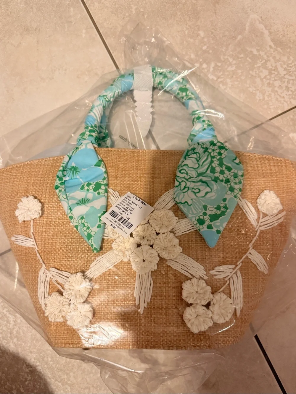 Lilly Pulitzer Natural Straw Mini Tote Bag with Green Floral Scarf Bursts of Joy - Picture 2 of 8